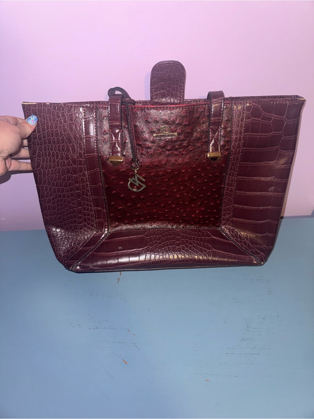 new directions Burgundy Croc & Ostrich-Texture Tote